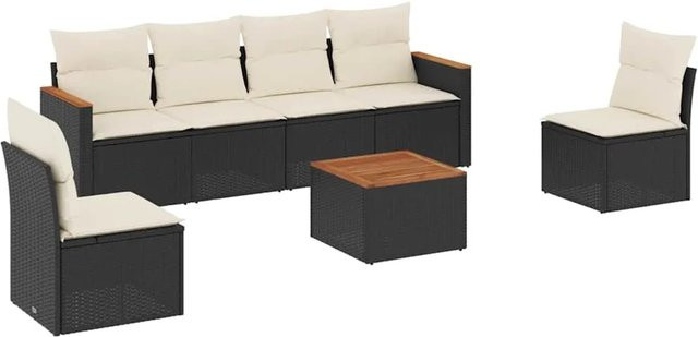 vidaXL 7-teilige Garten-Sofagarnitur aus Poly-Rattan mit Kissen in Schwarz - Bild 1