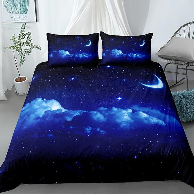 Bettwäscheset mit Sternenhimmel von Binchi Outdoor Product, Dunkelblau, Galaxie-Design aus Mikrofaser, B/H: 135 x 200 cm - Bild 1