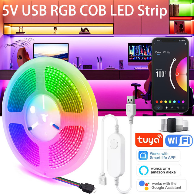 YSRSAI Tuya WiFi RGB COB LED-Lichtstreifen mit USB-Anschluss, dimmbar und kompatibel mit Amazon Alexa und Google Assistant, Multicolour TV-Hintergrundbeleuchtung - Bild 1