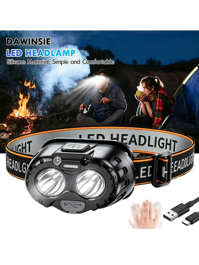 KDULIT LED Stirnlampe mit Bewegungssensor, USB-C wiederaufladbar, wasserdicht und verstellbar, Schwarz - Bild 1