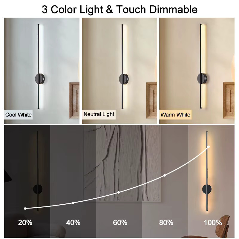HAULVANG LED Wandleuchte Schwarz, Kabellose lineare Wandlampe mit 5200mAh Akku, Dimmbar mit 3CCT und Magnetischem Berührungsschalter - Bild 2