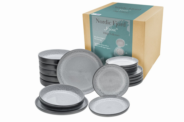 CreaTable Geschirrset Nordic Fjord Frost, 18-teiliges Tafelservice aus Steinzeug in Grau und Blau - Bild 1