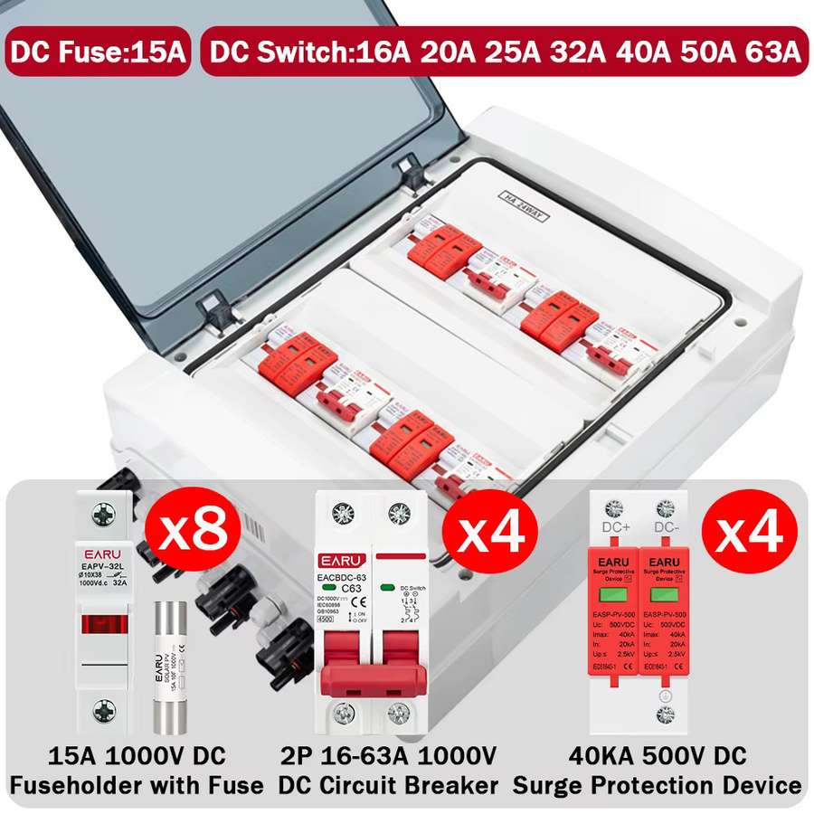 EARU Solar Photovoltaik PV Kombiniererbox mit 4 Eingängen und 4 Ausgängen, DC 500V, Überspannungs- und Blitzschutz, DC-Sicherung, MCB, SPD, wasserdichte IP65 Box, Farbe: Weiß, B/T/H: 45,5 x 29,5 x 13,0 cm - Bild 3