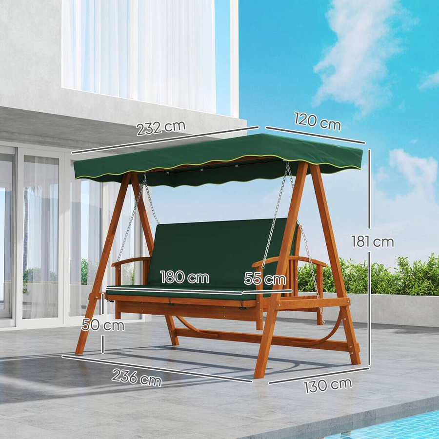 Outsunny Hollywoodschaukel aus Tannenholz mit Liegefunktion und Sonnenbaldachin, 3-Sitzer in Dunkelgrün, B/H/L: 130 x 236 x 300 cm - Bild 4