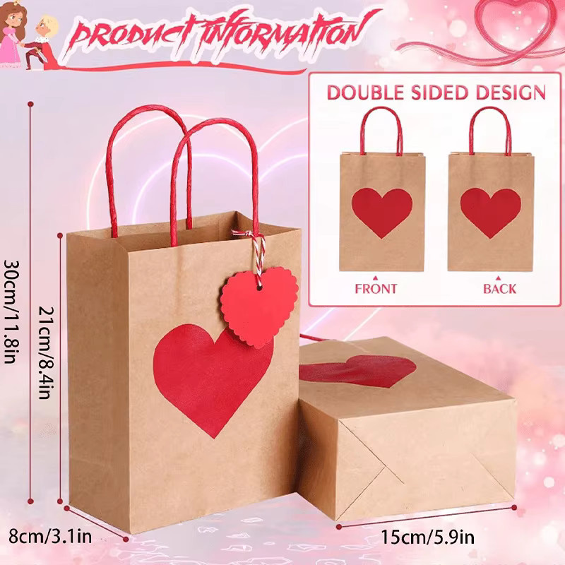 Herzförmige Geschenktüte aus Kraftpapier mit rotem Griff für Hochzeiten, Geburtstage und Valentinstag in Braun und Rot - Bild 2