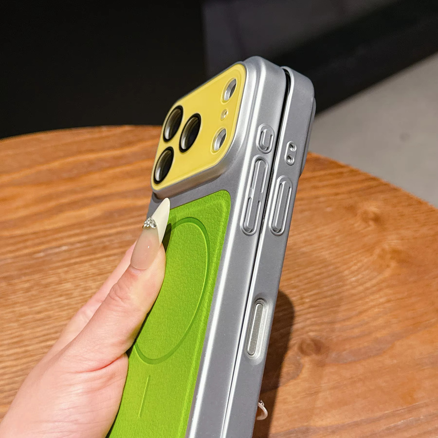 ZEAMAR MagSafe iPhone Hülle mit Fenster und Lychee-Muster aus PU-Leder in Gelb und Multicolour - Bild 1