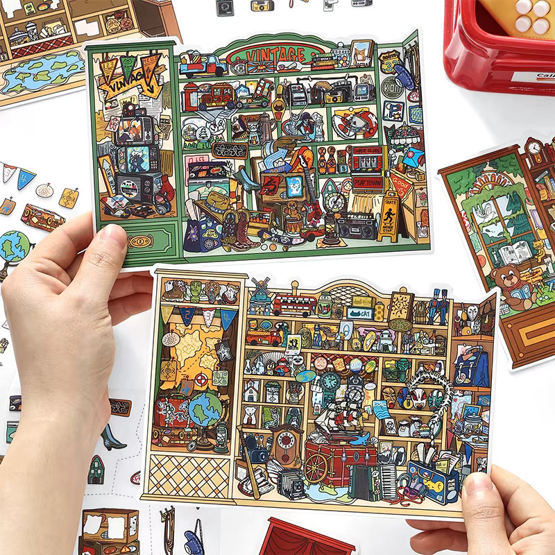 Mr.Paper 4 Packungen 2,5D Diorama-Aufkleber Vintage Spielzeugladen-Szenen aus PET und Weißkarton für Journal DIY Scrapbooking Collage, Mehrfarbig - Bild 2