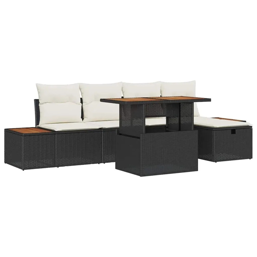 vidaXL Garten-Sofa-Set aus Polyrattan und Akazienholz, 6-teilig, Schwarz und Beige, L-Form mit Polsterung und Kissen für Terrasse und Garten - Bild 2