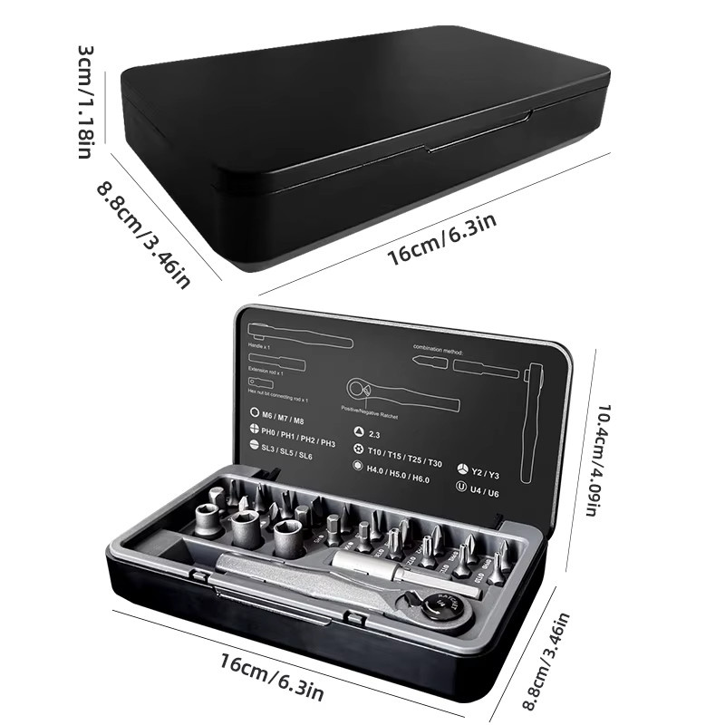 25-in-1 Hand-Ratschenschraubendreher-Set aus Aluminiumlegierung in Silber mit Chrom-Vanadium-Stahl Bits - Bild 6