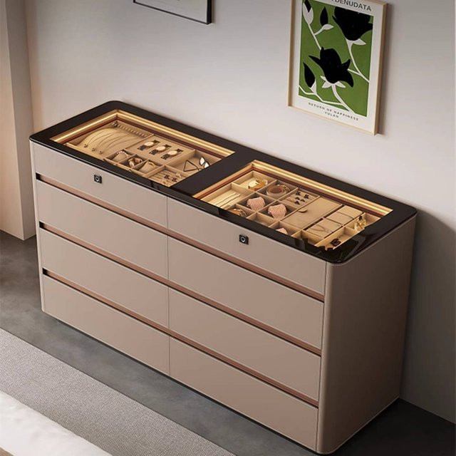DUTRIEUX Wohnzimmerschrank Modern mit Glastüren und integrierter Beleuchtung in Weiß und Beige - Bild 1