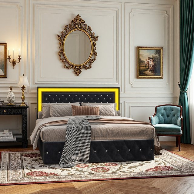 Rosahqnda Modernes Polsterbett mit Bettkasten und Lift-up-Funktion aus Velvet in Beige/Schwarz, 160 x 200 cm - Bild 1