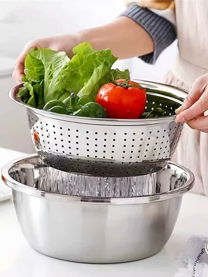 KEMORELA Multifunktionales Küchenwaschbecken aus Edelstahl in Silber, 2er-Set zum Waschen, Mischen und Entleeren von Obst und Gemüse, rund - Bild 4