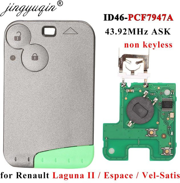 Jingyuqin Fernbedienung Schlüssel mit 2 Tasten und ID46 PCF7947 Chip für Renault Laguna Espace 2001-2008 Vel-Satis, 433 MHz Keyless Fob in Grau - Bild 1