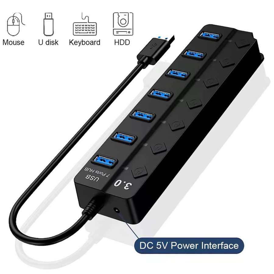 KEBIDUMEI 7-Port USB 3.0 Hub mit Ein/Aus-Schalter, USB-Dockingstation und OTG-Adapter, 5Gbps Übertragungsrate, Schwarz - Bild 5