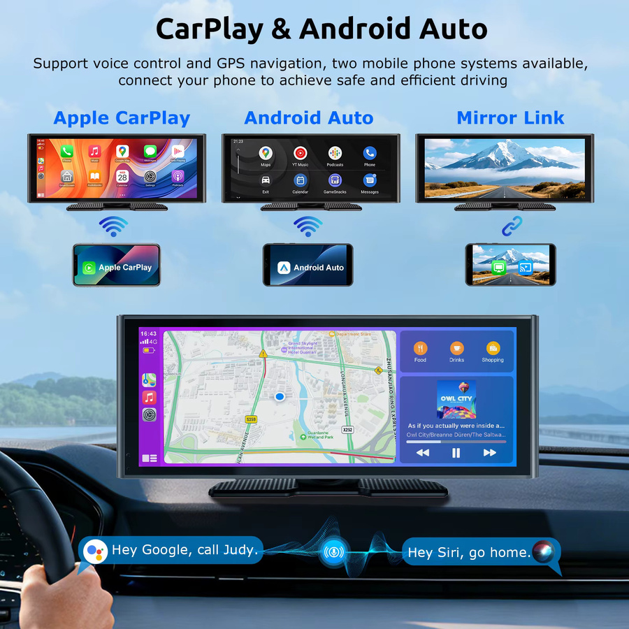 ESSGOO Tragbares Autoradio mit 10,26 Zoll Touchscreen, Wireless CarPlay und Android Auto, inklusive 4K Frontkamera und 1080p Rückfahrkamera, Schwarz, mit Bluetooth, USB, AUX und FM - Bild 2