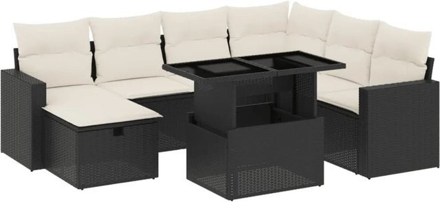 vidaXL 8-tlg. Garten-Sofagarnitur in L-Form aus Polyrattan mit Kissen und Couchtisch, Schwarz - Bild 1
