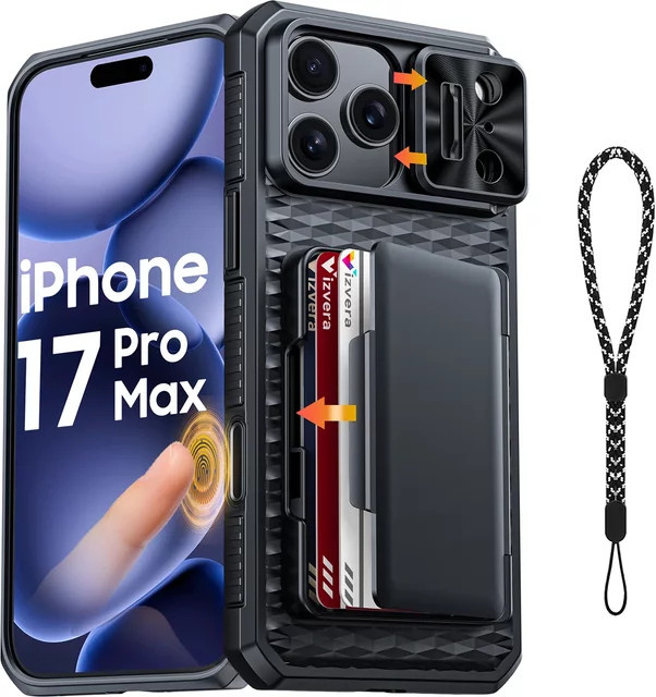 BANGZAO Handyhülle für iPhone 17 Pro und iPhone 17 Pro Max mit Kartenhalter, verschiebbarer Kameraabdeckung und Ständer, Schwarz - Bild 1