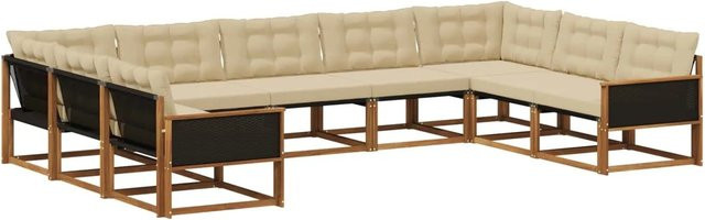 vidaXL Outdoor-Sofagarnitur L-Form aus Akazienholz mit 9 Kissen in Natur-Beige und Textilene - Bild 1
