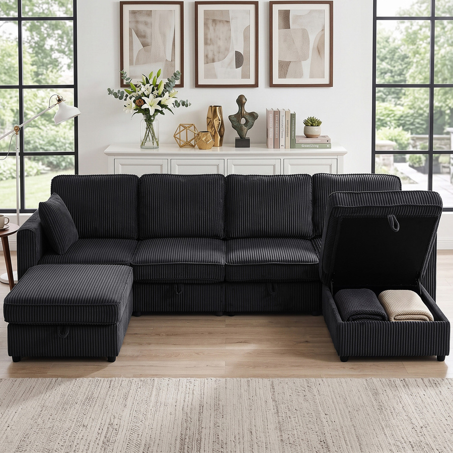 HOMCOM Ecksofa 4-Sitzer in U-Form mit Stauraum-Ottomane und 4 Kissen, Cord-Optik, Dunkelgrau, Breite: 306 cm - Bild 2