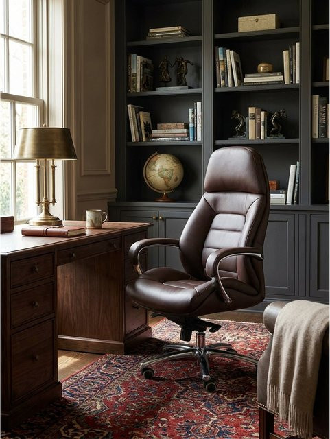 KADIMA DESIGN Bürostuhl aus Echtleder in Braun mit Wippmechanik, Armlehnen und hoher Rückenlehne, B/T/H: 67 x 67 x 137 cm - Bild 1