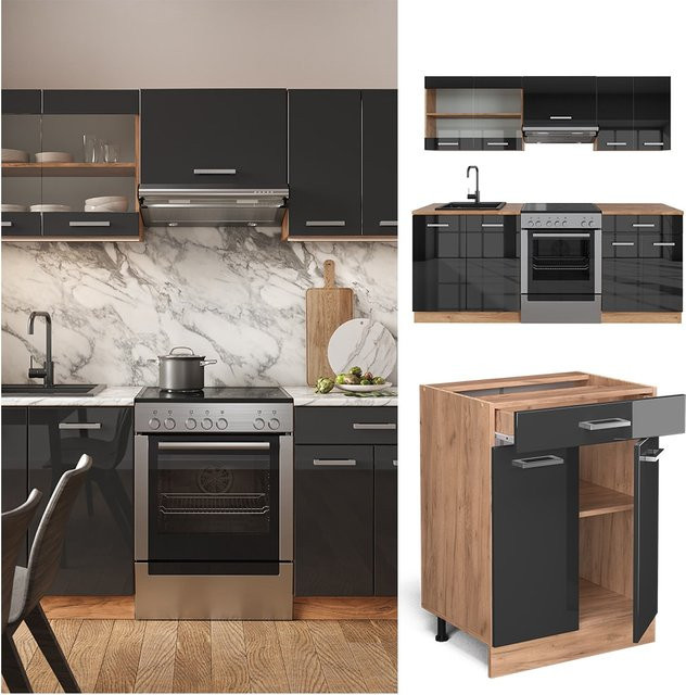 Vicco R-Line Küchenzeile Einbauküche in Anthrazit und Goldkraft Eiche Hochglanz, Breite: 200 cm - Bild 1