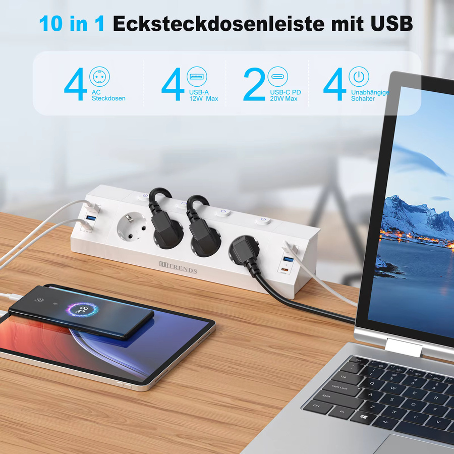 HITRENDS Desktop-USB-Steckdosenleiste in Weiß mit USB-C PD 20W und 2 m Kabel für deinen Schreibtisch - Bild 2