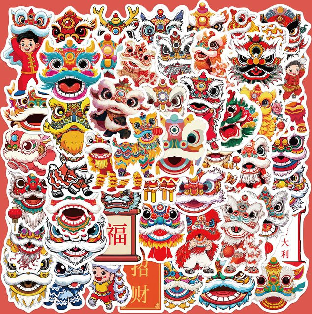 50 Stück Rote Chinesische Löwentanz Aufkleber im Cartoon-Design für Telefon, Laptop und Schreibwaren - Bild 1