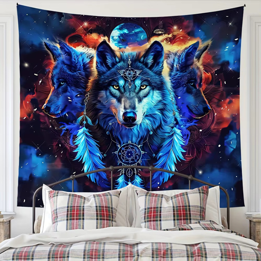VIKAMA Wandteppich Wolf Totem im Bohemian-Stil mit Sternen und Federn, Mehrfarbig - Bild 2