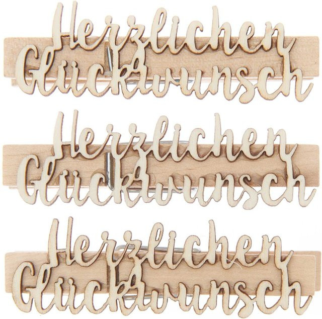 Rico Design Holzklammern Herzlichen Glückwunsch, 3 Stück, B: 1 cm, H: 7 cm, T: 1 cm - Bild 1