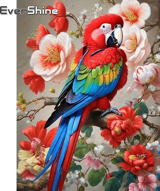 EverShine 5D-Diamantgemälde Papagei und Blumen als Mosaik-Bild mit quadratischen Strasssteinen in Multicolour, Breite: 30,0 cm, Höhe: 20,0 cm - Bild 1