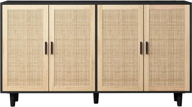 PXloue Sideboard mit Rattan-Elementen in Schwarz als Aufbewahrungskommode für Wohnzimmer, Schlafzimmer oder Büro - Bild 1