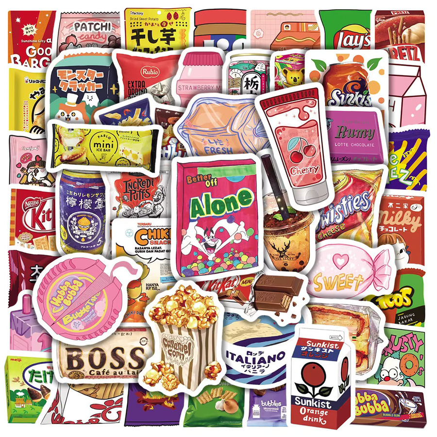50 Stück wasserfeste Cartoon-Snacks Aufkleber von Papery Pop Store in Multicolour für Telefon, Fahrrad, Motorrad und Helm - Bild 2