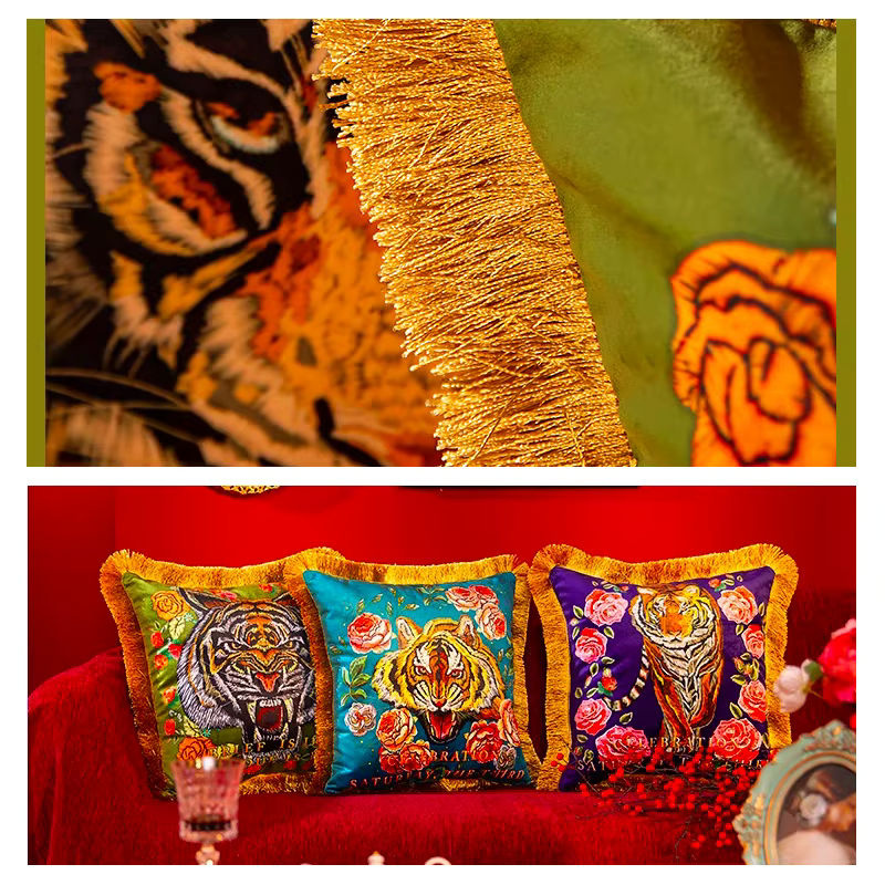 DUNXDECO Dekorative Kissenbezüge aus Samt mit Tiger- und Flora-Print im Dschungel-Stil, Mehrfarbig - Bild 5