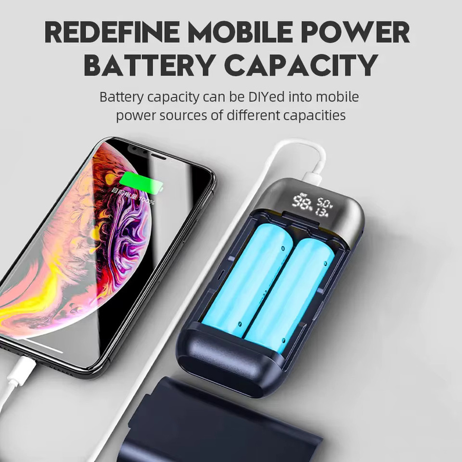 WAPUNO DIY Power Bank Gehäuse Blau, Tragbare Schnellladehülle mit QC3.0 und PD 18W für 18650, 21700 und 20700 Lithiumbatterien - Bild 2