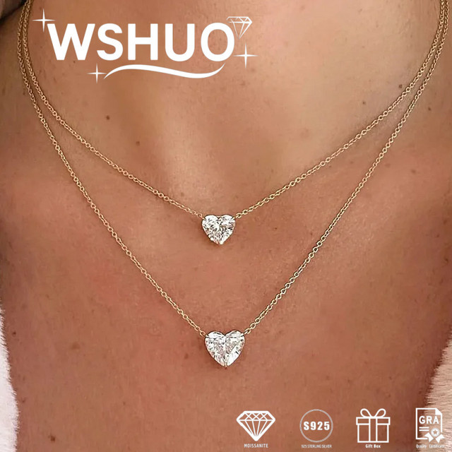 WSHUO Anhänger Halskette, Moissanit, 925 Silber, vergoldet, Damen - Bild 1