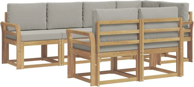 vidaXL Outdoor-Sofagarnitur aus massivem Akazienholz in L-Form, 7-teiliges Set in Weiß-Hellgrau mit wetterfesten Kissen und UV-beständigem Polyester - Bild 1