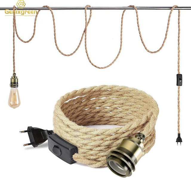 Genixgreen Industrial Pendelleuchten-Set mit E27 Fassung, braunem Hanfseil und Schalter, Länge: 2 m - Bild 1