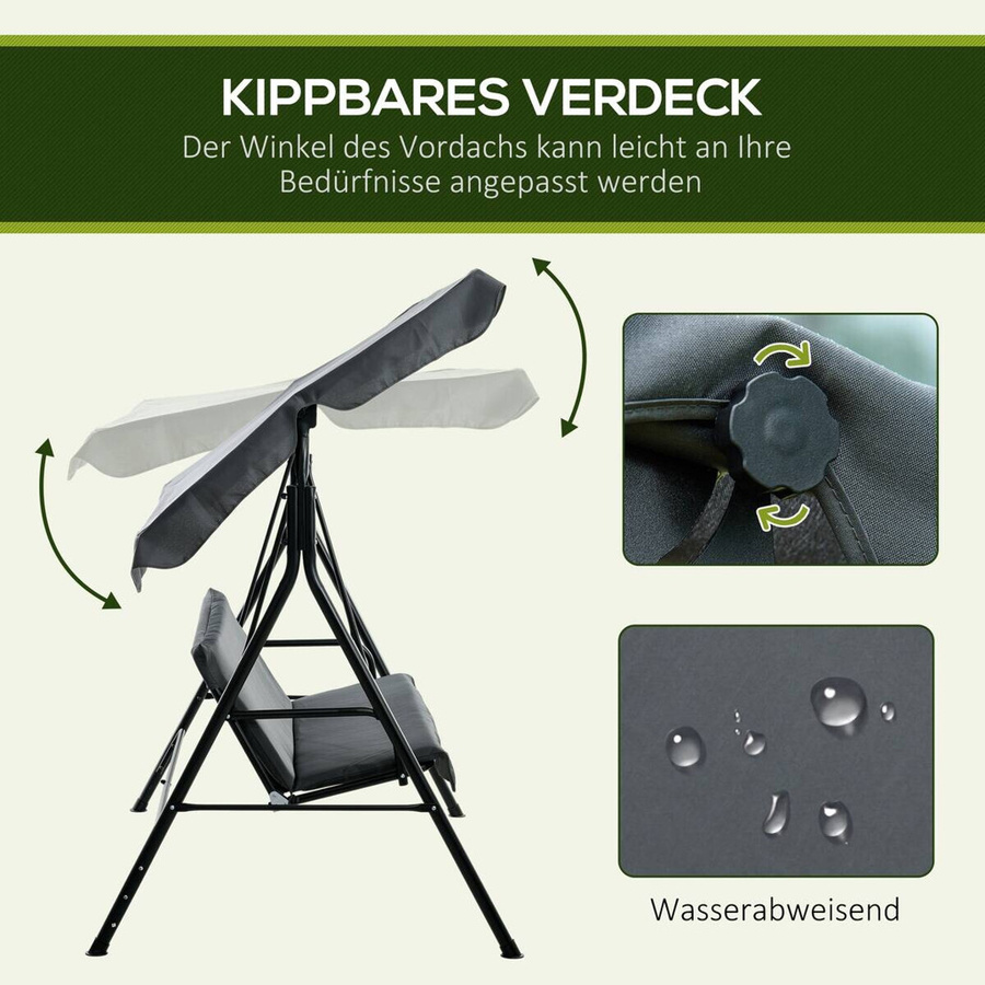 Outsunny Hollywoodschaukel grau mit Sonnendach aus Polyester und pulverbeschichtetem Stahl, B: 110 cm, H: 153 cm, T: 172 cm - Bild 4