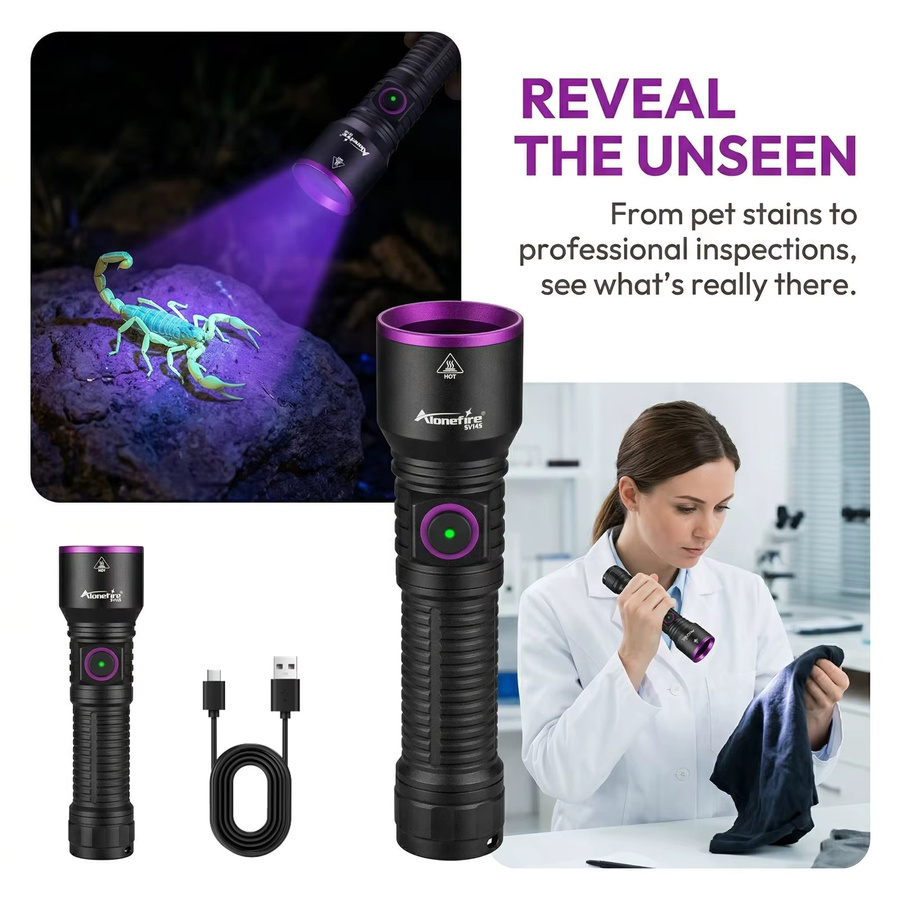 Alonefire 10W 365nm UV-LED Hochleistungs-Schwarzlicht-Taschenlampe in Schwarz, USB-aufladbar zur Detektion von Haustierflecken, Tinea und Geldscheinen - Bild 5