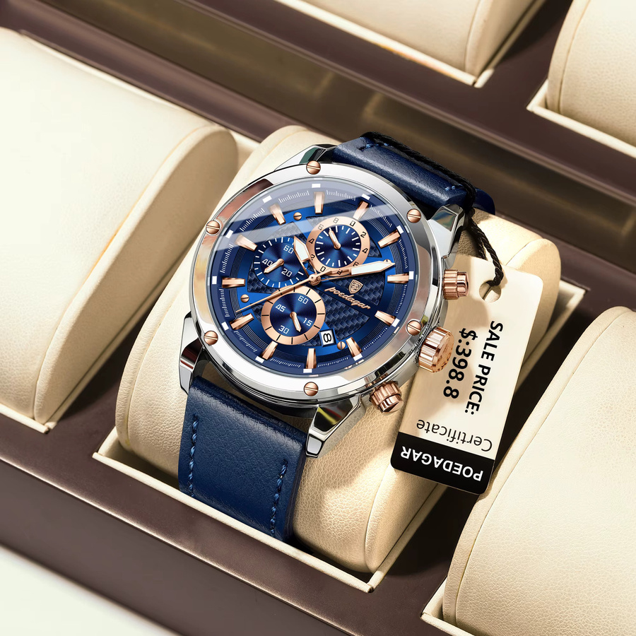 POEDAGAR Chronograph Armbanduhr, Quarz, Leder, Blau, Herren - Bild 2