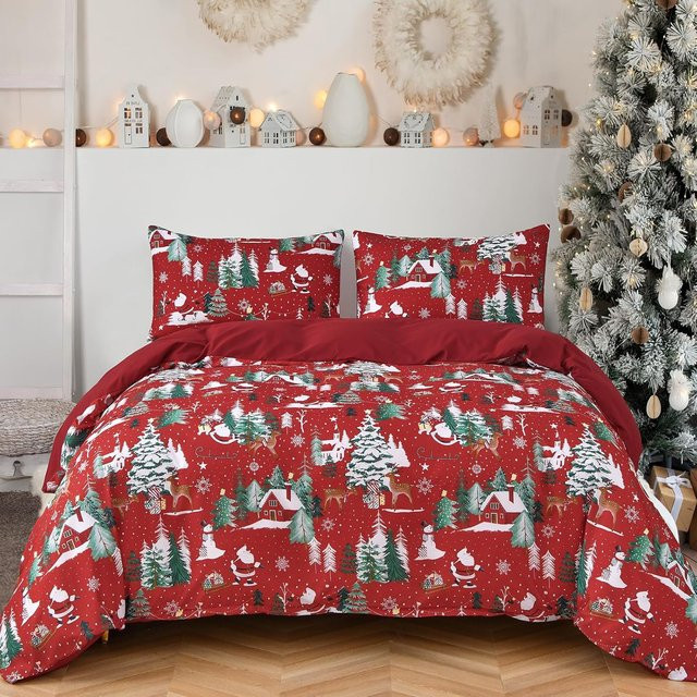 Rotes Weihnachts-Bettwäsche-Set aus weicher Mikrofaser mit Rentier-, Weihnachtsbaum- und Schneeflockenmuster, B/H: 264 x 229 cm - Bild 1