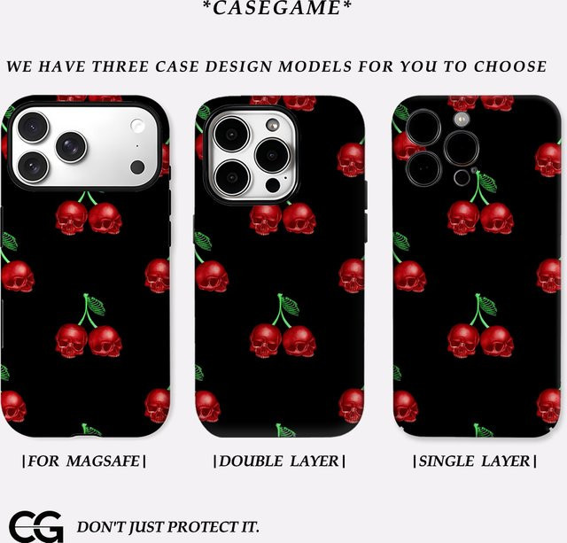 Potdemiel Magnetische Tough Handyhülle Gothic Cherry Skulls für iPhone 17 16 15 14 13 Pro Max Plus, Schwarz - Bild 1