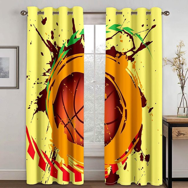 Zweiteiliger 3D-Digitaldruckvorhang im Basketball-Design, gelb, B: 50 cm, H: 130 cm - Bild 1