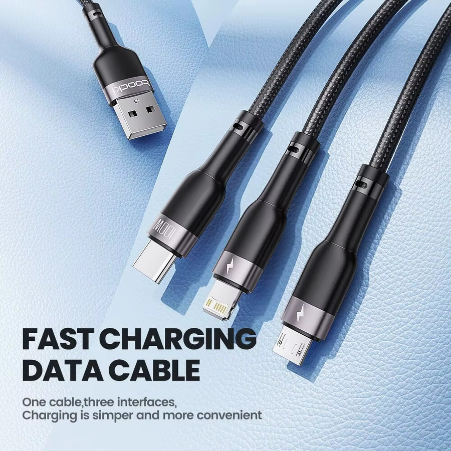 Toocki 3 in 1 USB Ladekabel mit 100W und 6A für USB-C und Micro-USB in Schwarz oder Grau - Bild 2
