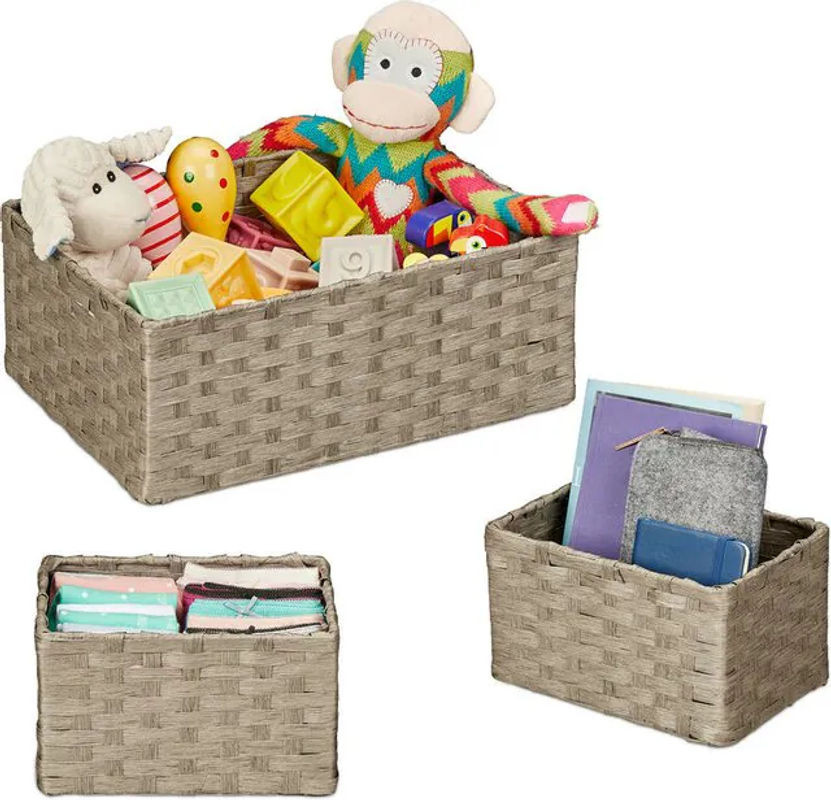 Relaxdays Aufbewahrungskorb Set aus Papierseil, 3er Set, Grau, Rechteckig - Bild 1