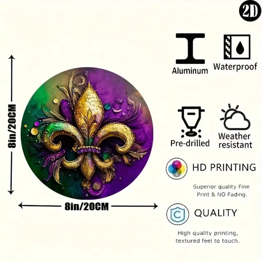 Rundes Fleur De Lis Mardi Gras Kranzschild aus Aluminium von Potdemiel in Lila zur Wanddekoration für Halloween und Weihnachten, Durchmesser: 20 cm - Bild 2