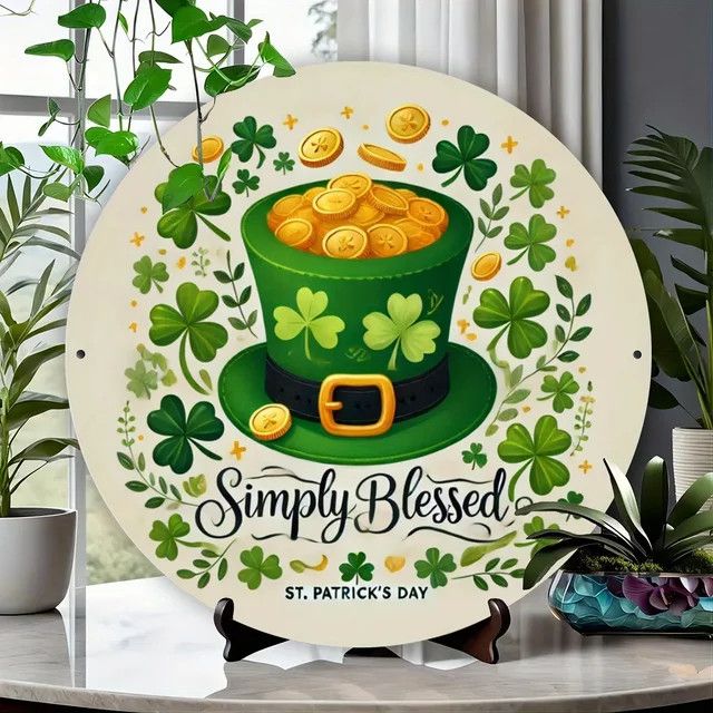 Simply Blessed Garden Art Wanddekoration aus Metall für St. Patrick's Day, rundes Eisen-Schild mit Koboldhut und Kleeblatt, Grün, Durchmesser: 20,32 cm - Bild 1