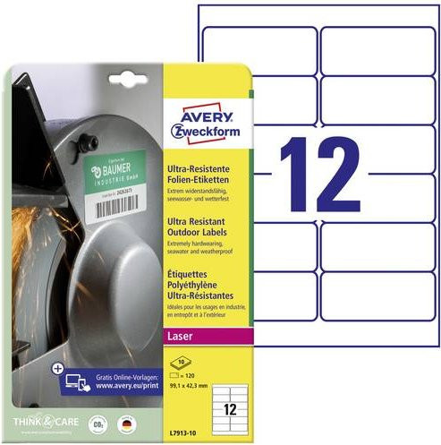 Avery Zweckform L7913-10 Folien-Etiketten aus Polyethylen, Weiß, 120 Stück, Breite: 99,1 mm, Höhe: 42,3 mm, für Laserdrucker geeignet - Bild 1