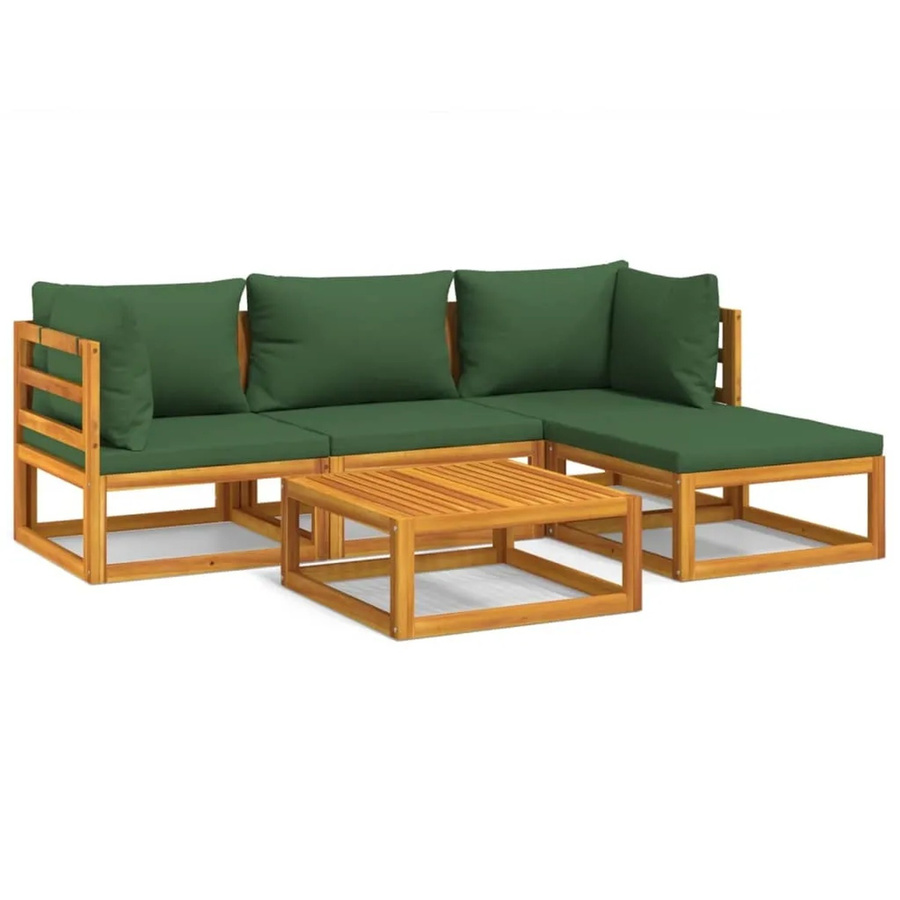 vidaXL 5-tlg Garten-Lounge-Set aus Akazien-Massivholz mit grünen Polsterkissen in L-Form - Bild 2
