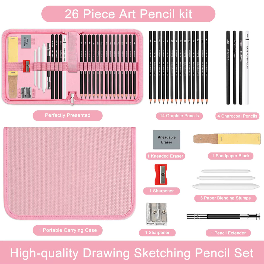 Professionelles 26-teiliges Skizzier- und Zeichenstift-Set aus Graphit und Kohle in Braun für Künstler und Erwachsene - Bild 3